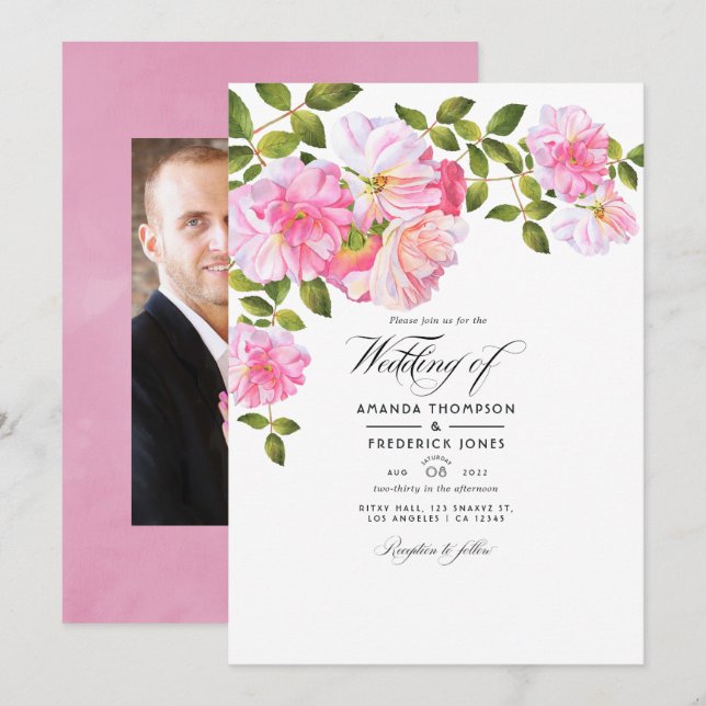 Invitación Foto de casamiento en el jardín rosa rosa (Anverso / Reverso)
