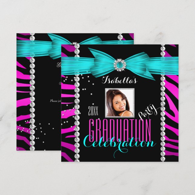 Invitación Foto de cebra azul Verde azulada rosa de Graduado  (Anverso / Reverso)