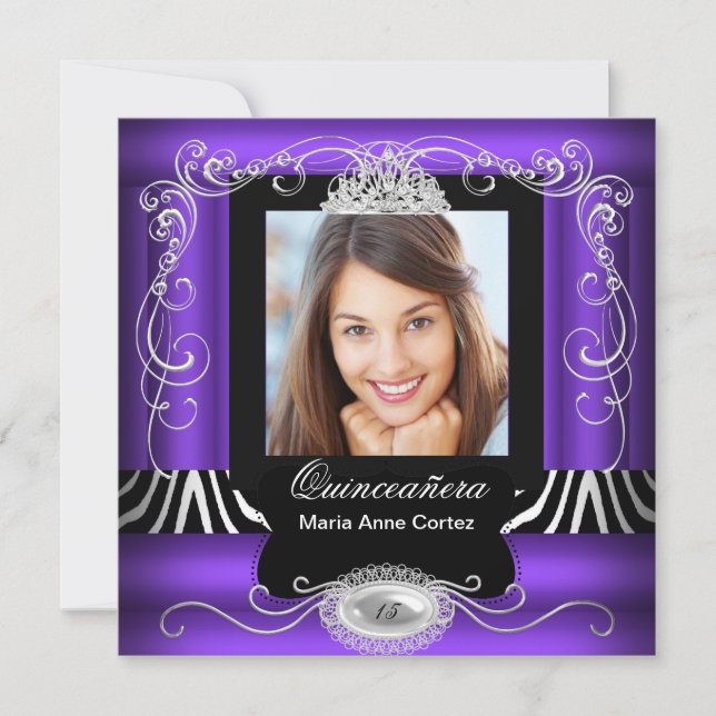 Invitación Foto de cebra morada Quinceanera 15 años (Anverso)