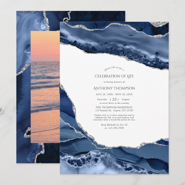 Invitación Foto de Celebración de la Vida en Azul Marino y Ág (Anverso / Reverso)