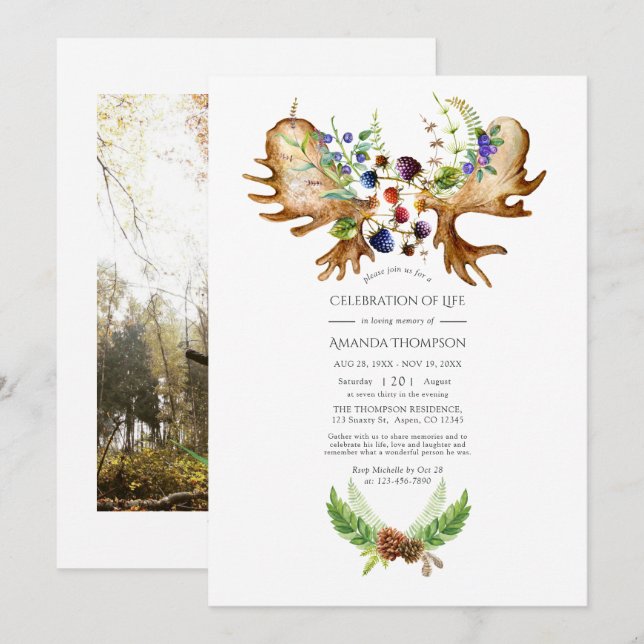 Invitación Foto de Celebración de la Vida en Bosque Rústico c (Anverso / Reverso)