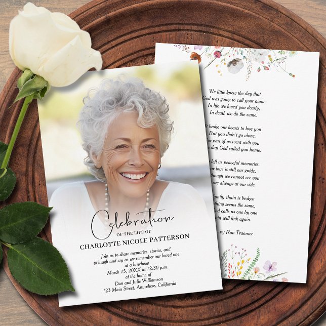 Invitación Foto de Celebración de Vida en Funeral (Wildflowers funeral Celebration of Life photo invitations)