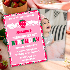 Invitación Foto de Celebración del Primer Cumpleaños de Fresa