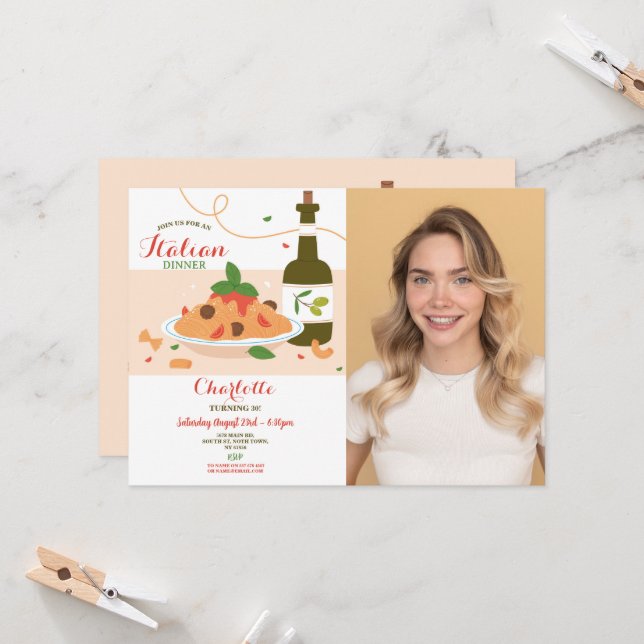 Invitación Foto de cena italiana de pizza para cumpleaños (Anverso/Reverso In Situ)