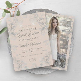 Invitación Foto de Champagne Silver Floral SURPRISE Sweet 16