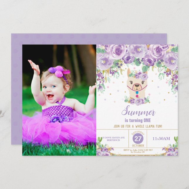 Invitación Foto de Chica de cumpleaños Purple Floral Cute Lla (Anverso / Reverso)