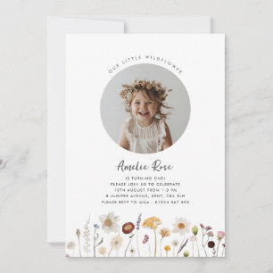 Invitación Foto de Chica de Flor Silvestre, primer cumpleaños