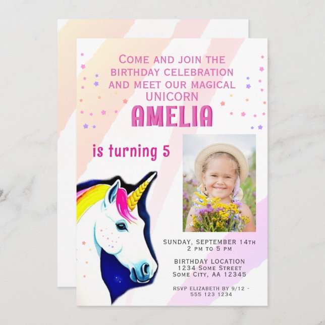 Invitación Foto de Chica mágico de unicornio lindo cumpleaños (Anverso / Reverso)