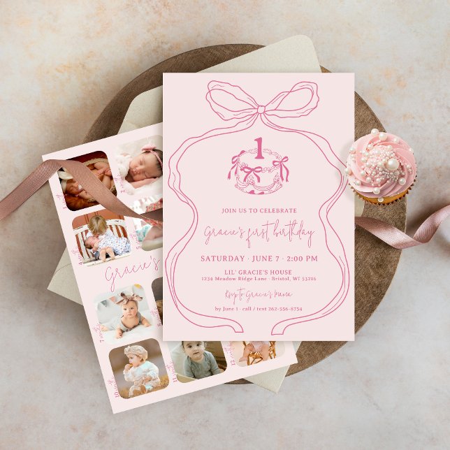 Invitación Foto de Chica rosado con mano corta primer cumplea (Modern trendy blush pink coquette bow cake 1st first birthday party invitation 12 month photos)