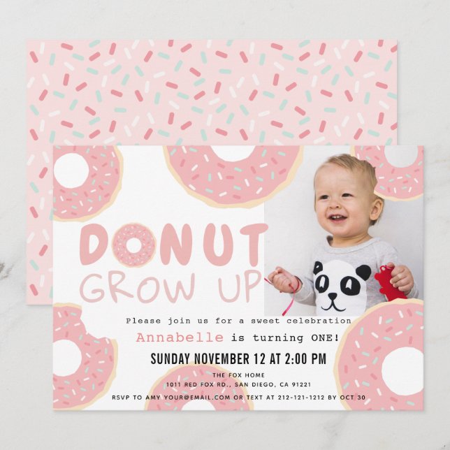 Invitación Foto de Chica rosado de Donut Grow Up (Anverso / Reverso)