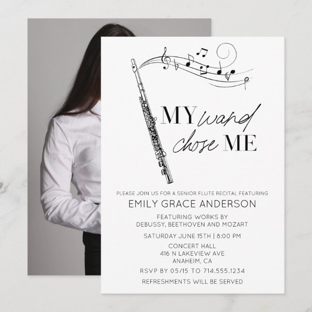 Invitación Foto de cita de flauta de mi varita me eligió Reci (Anverso / Reverso)