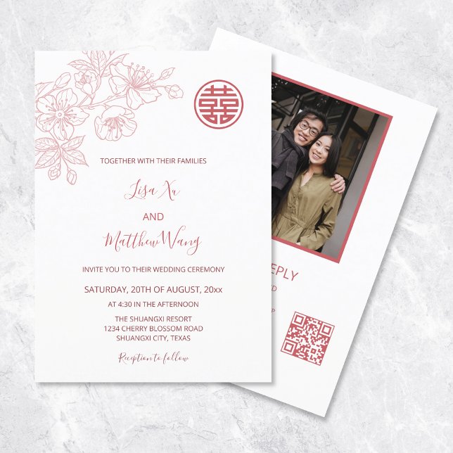 Invitación Foto de código QR | Boda chino rosa floral Rubor (Subido por el creador)