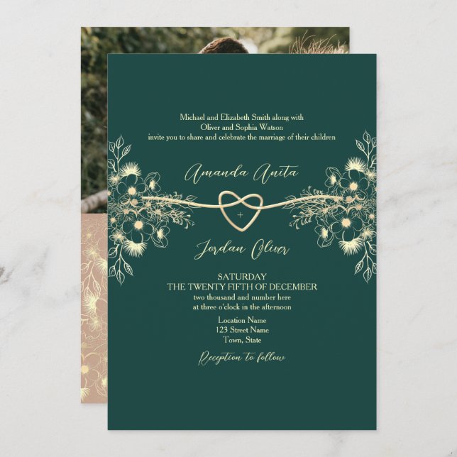Invitación Foto de código QR Boda de oro verde esmeralda (Anverso / Reverso)