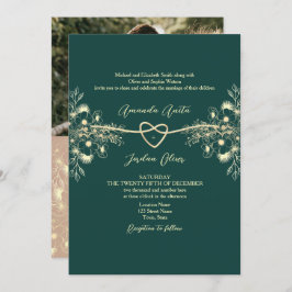 Invitación Foto de código QR Boda de oro verde esmeralda