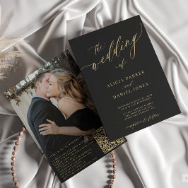 Invitación Foto de código QR boda negro oro elegante moderno