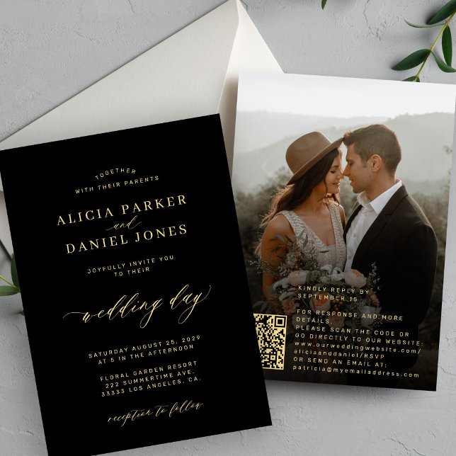 Invitación Foto de código QR caligrafía de oro boda negro (Subido por el creador)