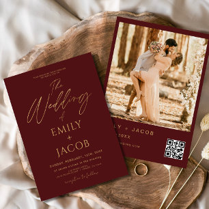 Invitación Foto de código QR del Boda de oro rojo de Borgoña