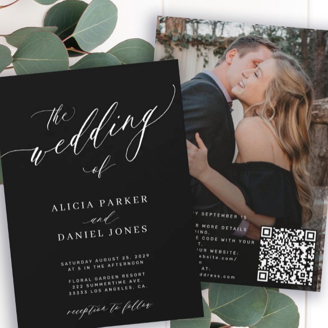 Invitación Foto de código QR moderna y elegante boda negro (Subido por el creador)