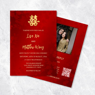 Invitación Foto de código QR Red Gold Chinese Boda