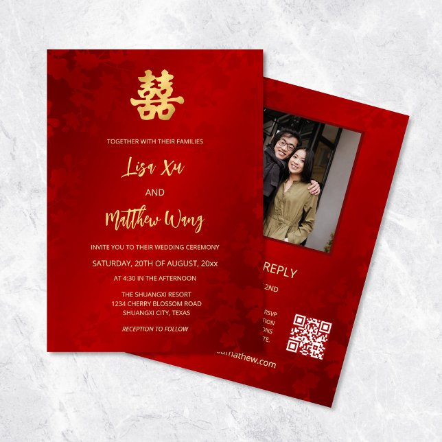 Invitación Foto de código QR | Red Gold Chinese Boda (Subido por el creador)