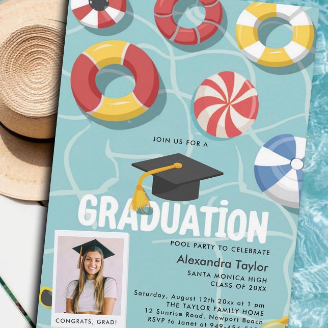 Invitación Foto de colegio de Fiesta de posgrado en la escuel (graduation pool party invitations grad photo template cards summer swimming fun cool modern)
