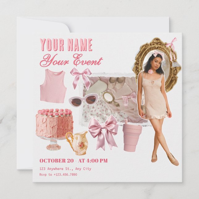 Invitación Foto de collage de moda rosa suave (Anverso)