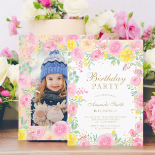 Invitación Foto de color de agua floral rosa de los niños fie