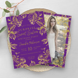 Invitación Foto de color morado dorado SORPRESA dulce 16