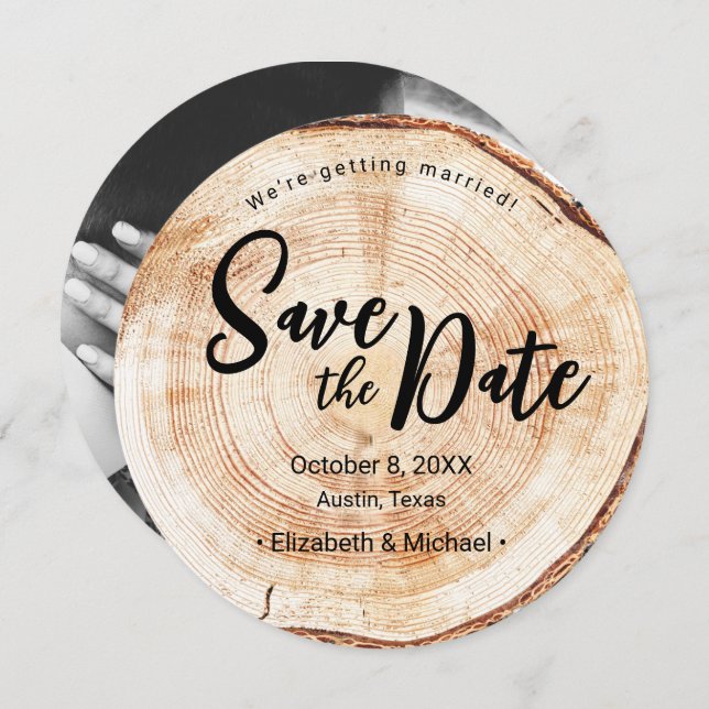 Invitación Foto de compromiso de Boda Rústico de Wood Grain (Anverso / Reverso)