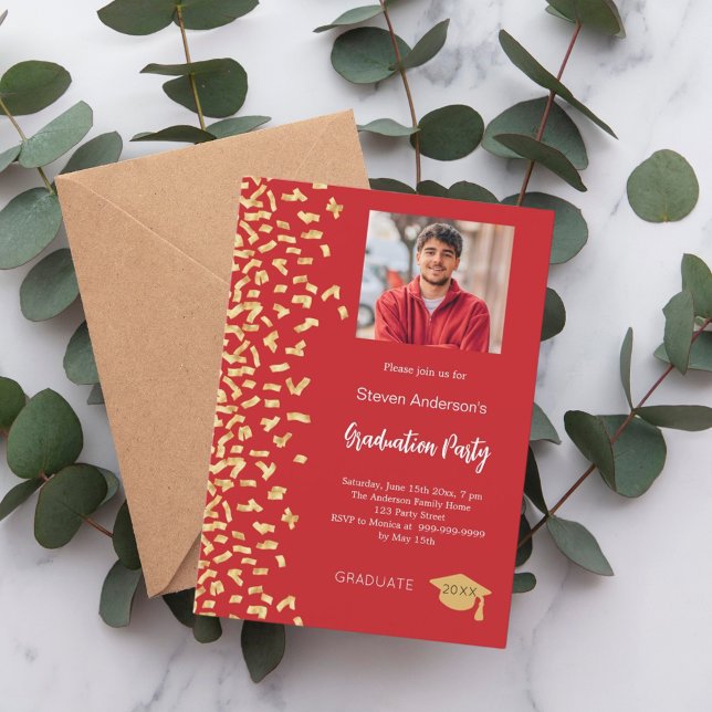 Invitación Foto de confeti de oro rojo de la fiesta de gradua (Subido por el creador)