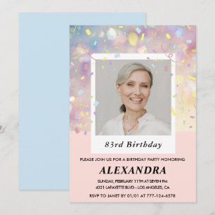 Invitación Foto de confeti rosa cumpleaños 83