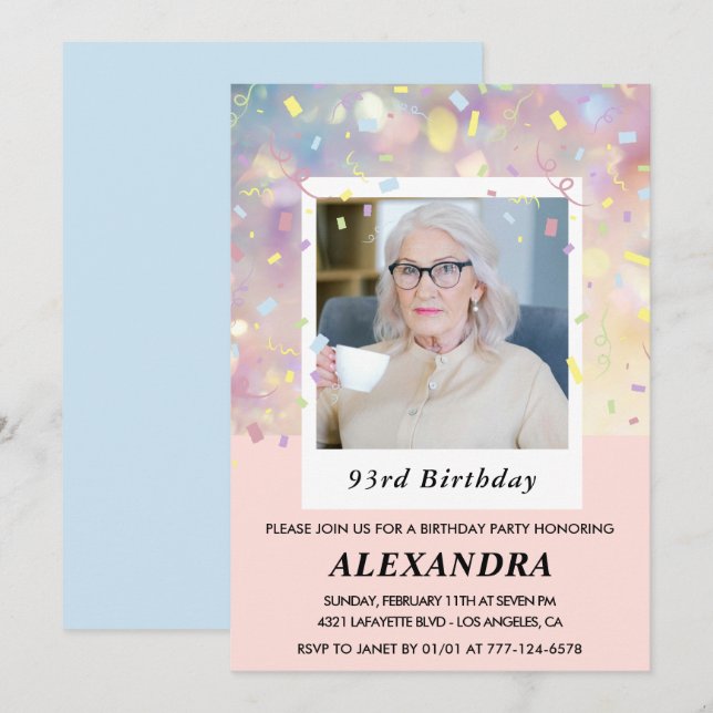 Invitación Foto de confeti rosa cumpleaños 93 (Anverso / Reverso)