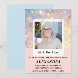 Invitación Foto de confeti rosa cumpleaños 99