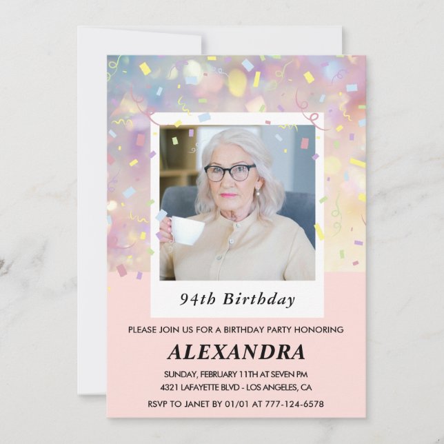 Invitación Foto de Confeti Rosa Moderno 94 cumpleaños (Anverso)