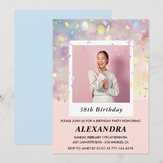 Invitación Foto de Confeti Rosa Moderno Cumpleaños 38 (Anverso / Reverso)