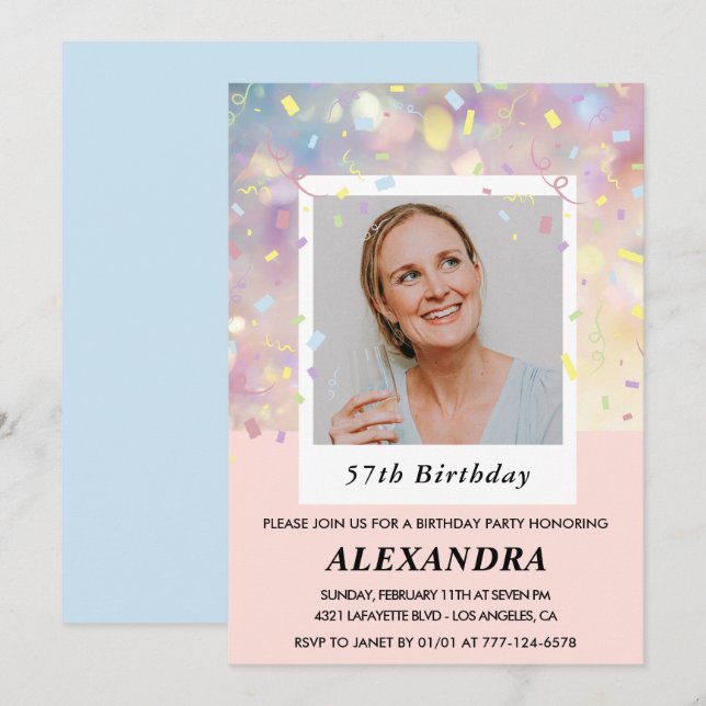 Invitación Foto de confeti rosa moderno cumpleaños 57 (Anverso / Reverso)