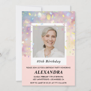 Invitación Foto de Confeti Rosa Moderno Cumpleaños 89