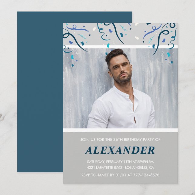 Invitación Foto de Confetti azul de la Marina por su 36 cumpl (Anverso / Reverso)