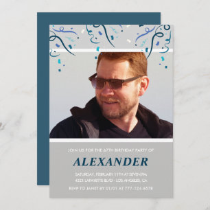 Invitación Foto de Confetti azul de la Marina por su cumpleañ