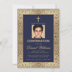 Invitación Foto de confirmación chico azul marino rosas dorad