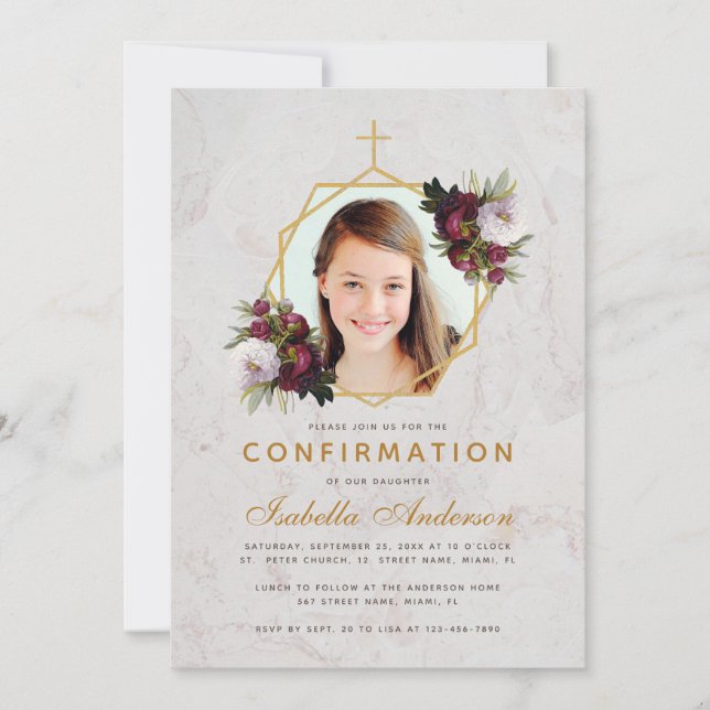 Invitación Foto de confirmación de chica con flores borgoñas (Anverso)