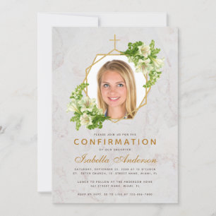 Invitación Foto de confirmación de chica Marble floral Lilies
