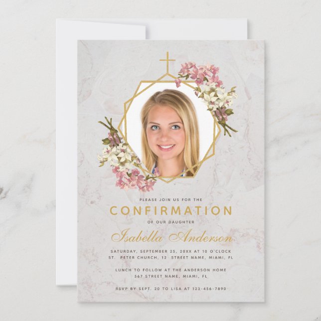 Invitación Foto de confirmación de chica Orquídeas rosadas de (Anverso)