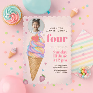 Invitación Foto de cono de helado de arcoíris brillante Cumpl