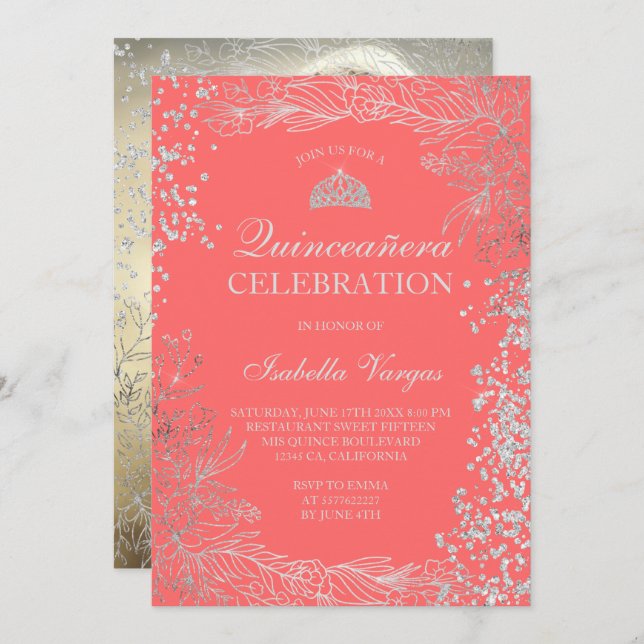 Invitación Foto de coral floral de plata Tiara Quinceañera (Anverso / Reverso)