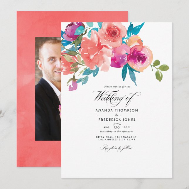 Invitación Foto de Coral y Fandango Boda Floral (Anverso / Reverso)