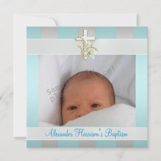 Invitación Foto de Cruz de Raya Blanca Azul Bautizo Bautismo