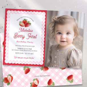 Invitación Foto de cuadros rosados y fresa dulce