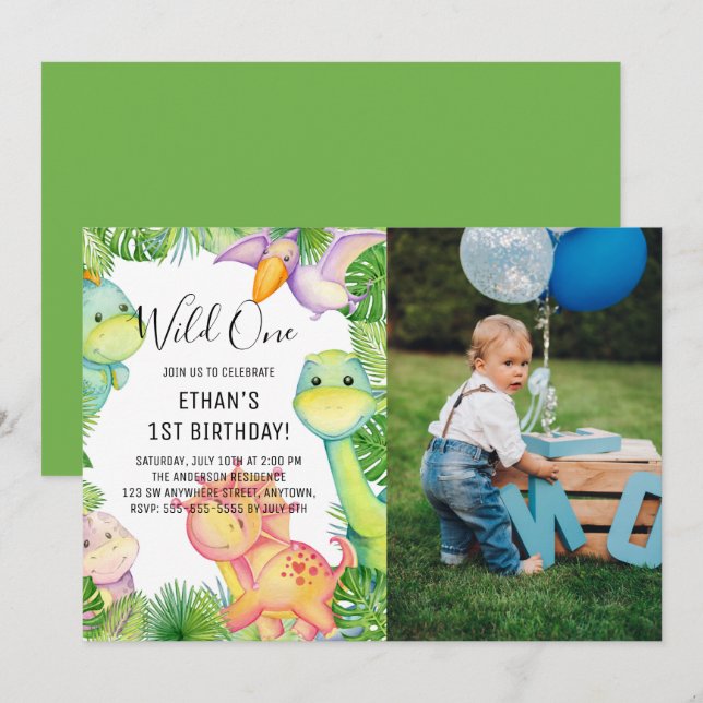 Invitación Foto de cumpleaños 1º de dinosaurio salvaje acuare (Anverso / Reverso)