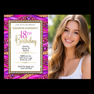 Invitación Foto de cumpleaños 18 Glam Pink Gold Jeweled Strat